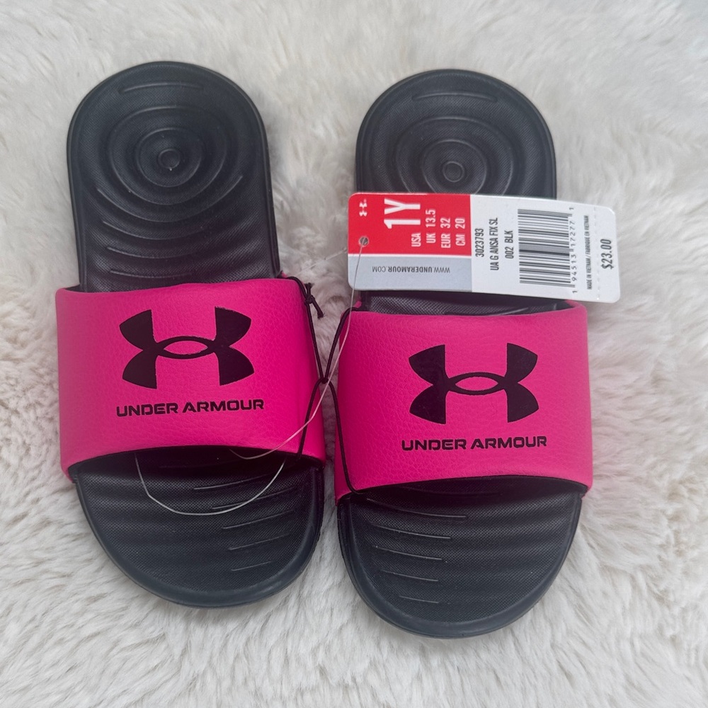Under Armour Black and Pink Slide Sandals